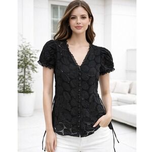 1060 Sherman Eyelet Lace Blouse S Black Leaf Embroidered Boho Button Top